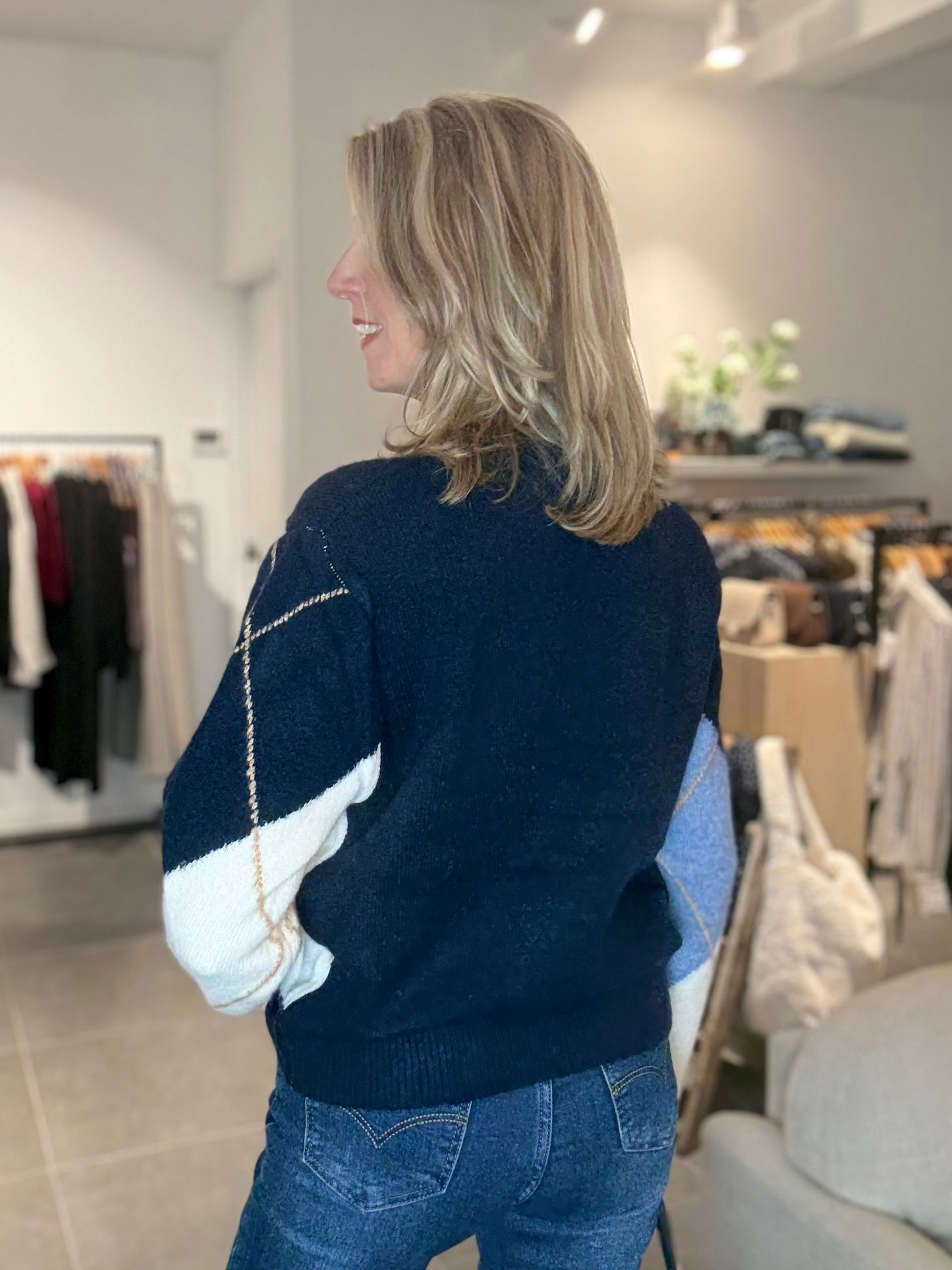 Flamant Rose trui ruit blauw/ecru