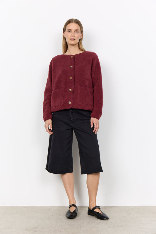 Bordeaux korte teddy vest met knopen en ronde hals
