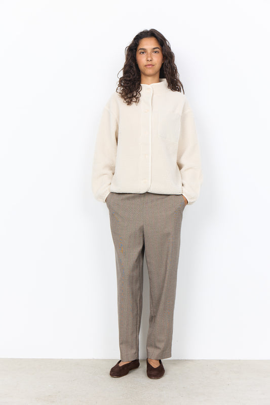 Ecru fleece vest met rits en opstaande kraag, lange mouwen