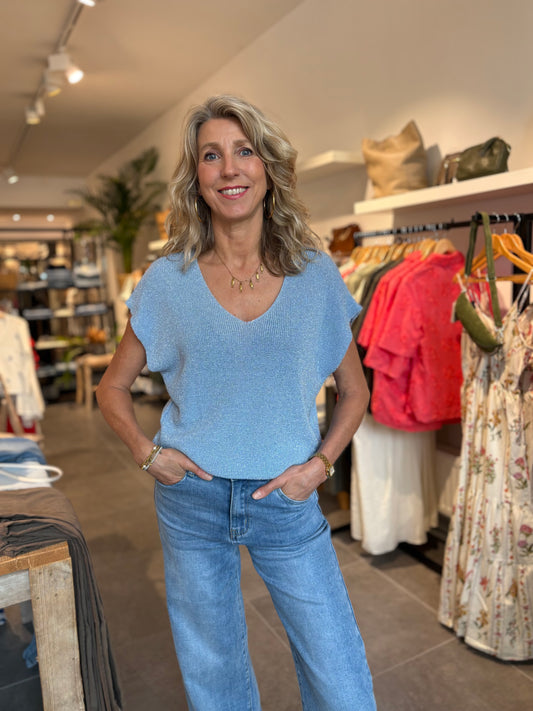 EF top V-hals glitter lichtblauw
