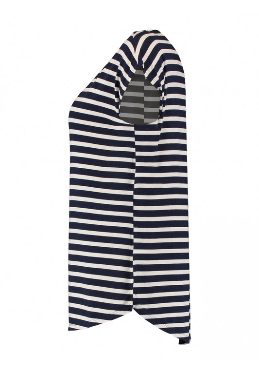 Navy gestreept T-shirt met ronde hals en korte mouwen, lange zoom aan zijkant.