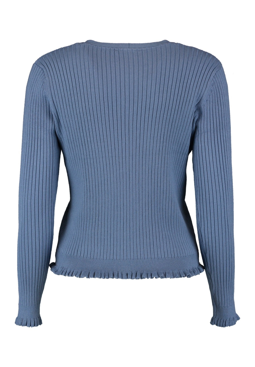 Lichtblauwe ribgebreide cardigan met lange mouwen en geribde zoom met ruches.