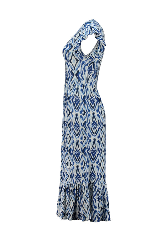 Blauwe maxi-jurk met ruitpatroon, V-hals, korte omslaande mouwen en plooizoom