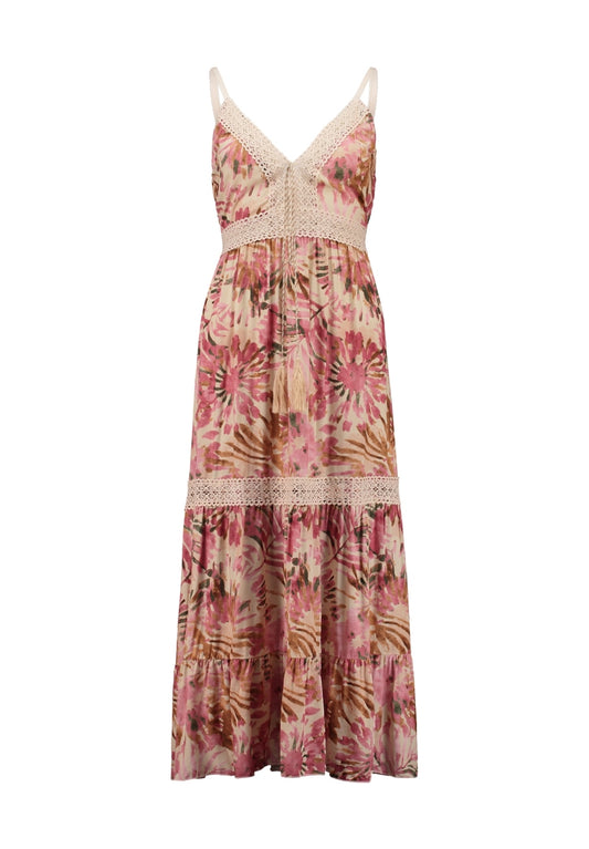 Roze bloemenprint maxi-jurk met V-hals, smalle schouderbandjes en kantzoom