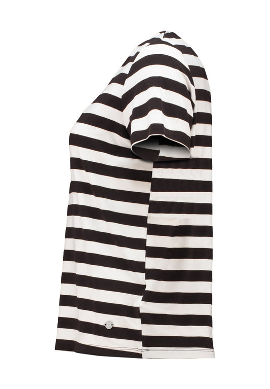 ZB T-shirt met ronde hals en korte mouwen, ecru met donkerbruine strepen; knoopsluiting