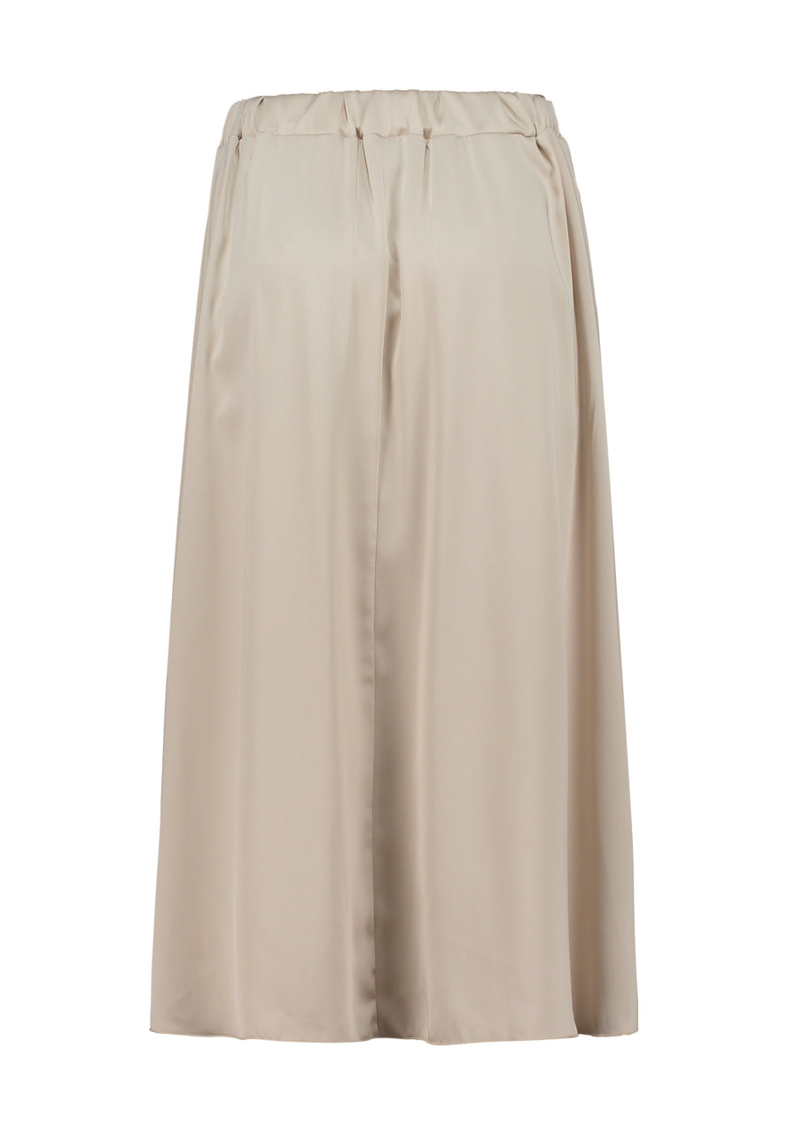 Beige midi-rok met elastische tailleband en plooien, soepel vallende stof