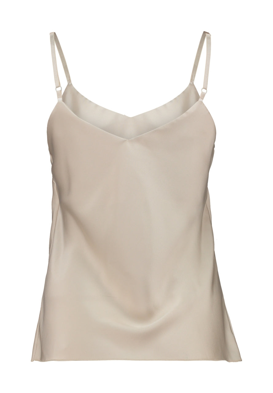 Beige top met spaghettibandjes en V-hals, lichte drapering vooraan