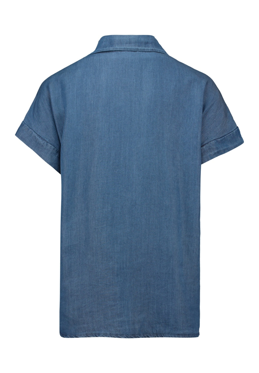 Blauwe jeanslook blouse met korte mouwen en opstaande kraag