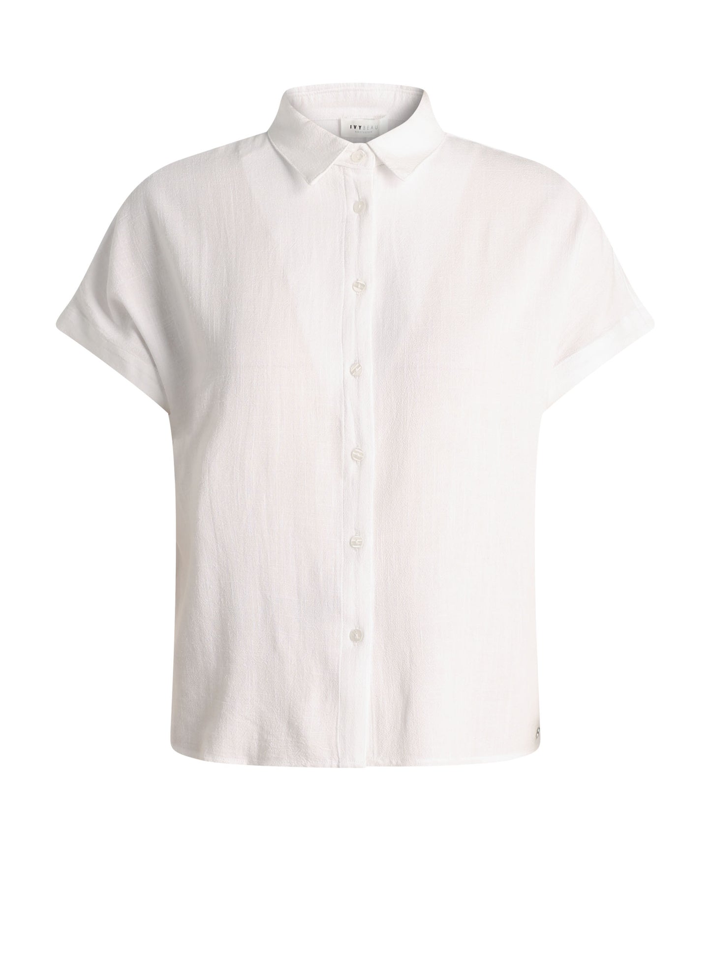Witte blouse met korte mouwen, knoopsluiting en opstaande kraag