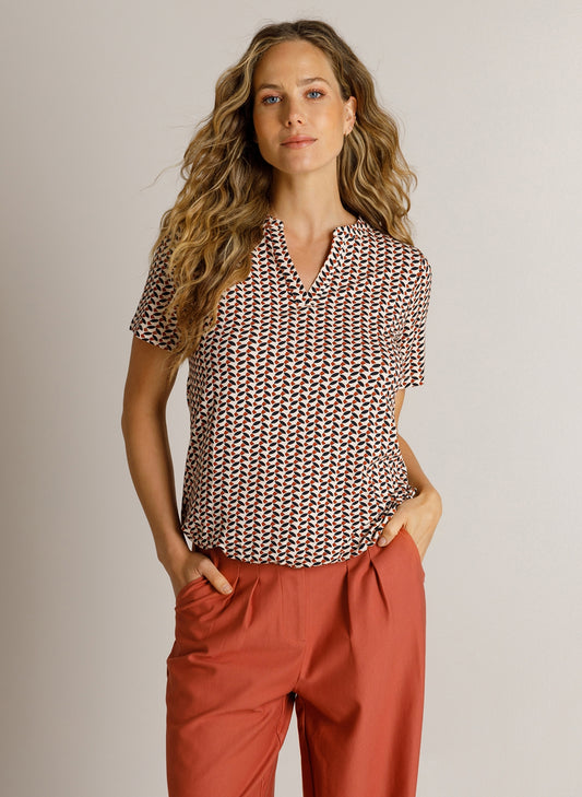 Top met korte mouwen en V-hals, all-over multikleur print