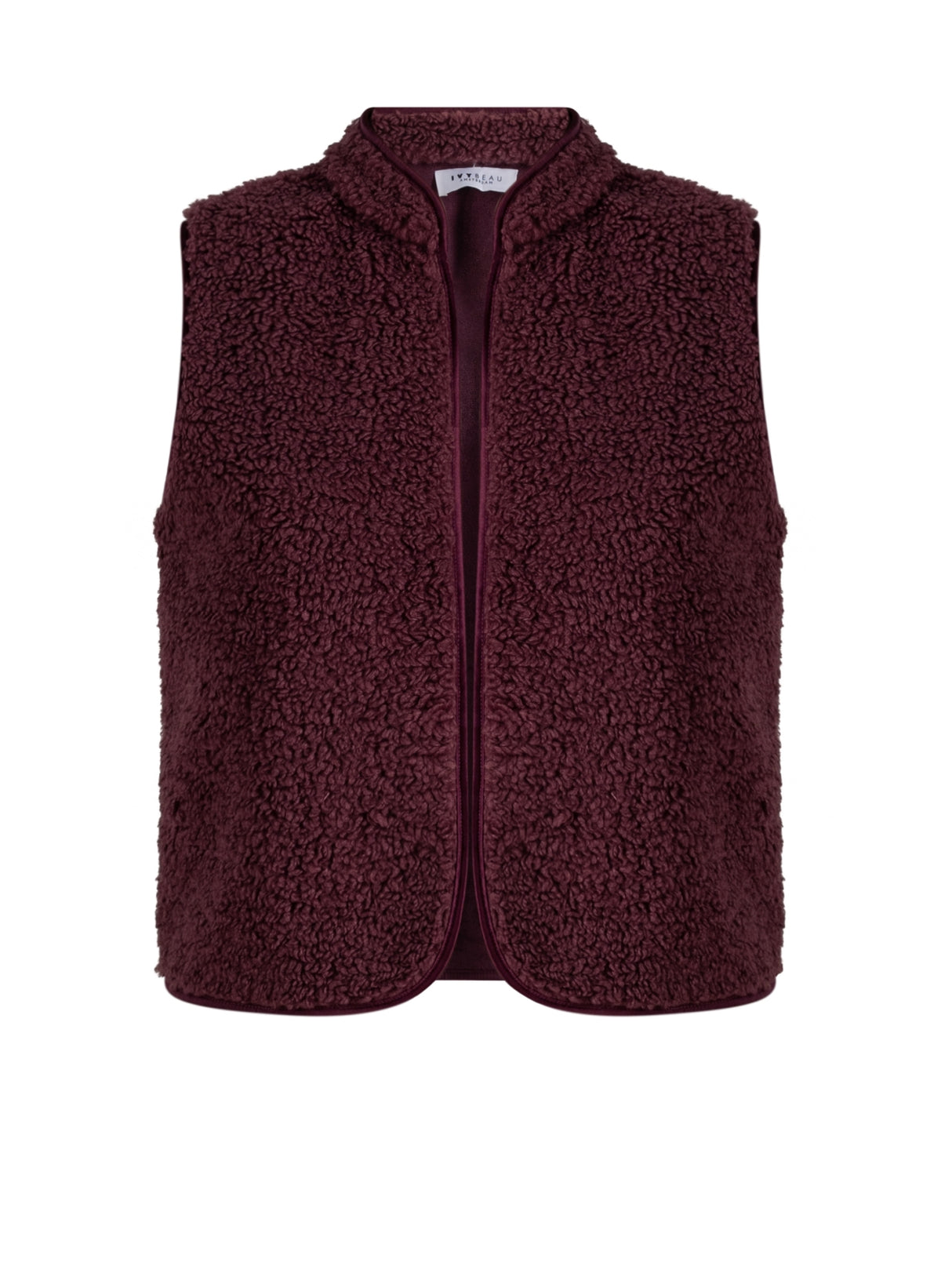 Bordeauxrood teddy gilet zonder mouwen met rits en opstaande kraag