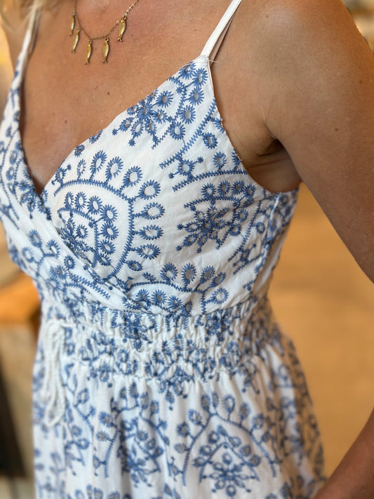 HL Falena-jurk met blauw-witte print, smock en spaghettibandjes
