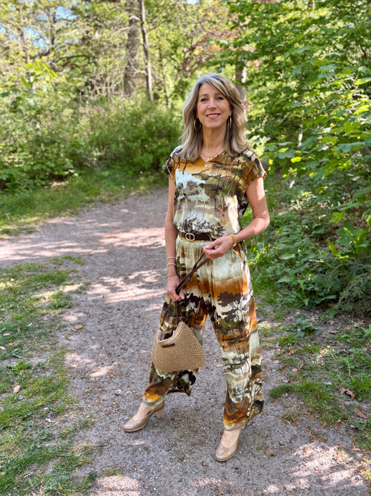 Veelkleurige wijde broek met elastische taille en landschapsprint