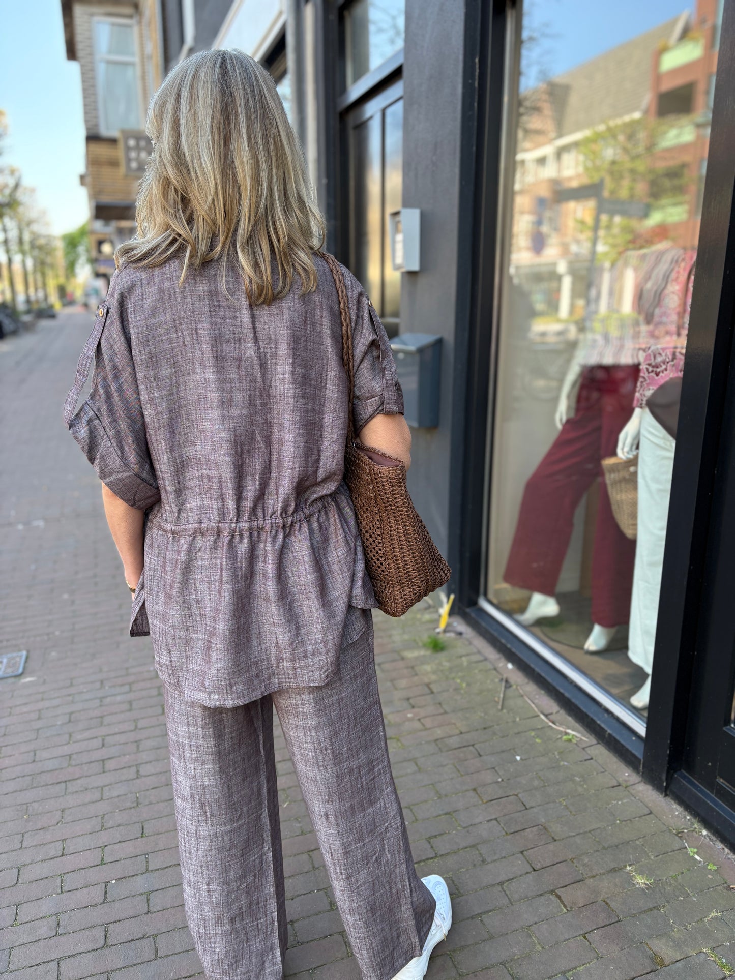 Bisous Project blousejas viscose/linnen mix bruin/wit melange
