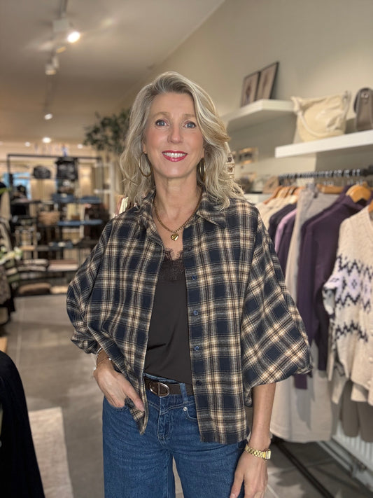 Savinni blouse Flanel ruit blauw/beige