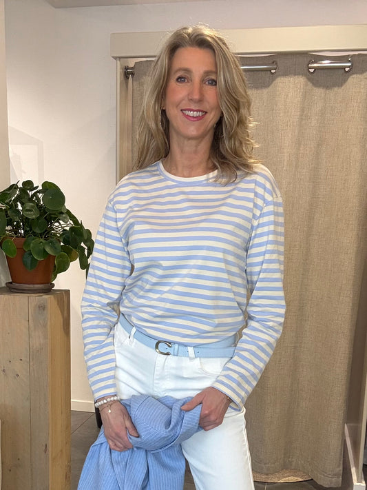 Drôle de Copine longsleeve streep creme/lichtblauw