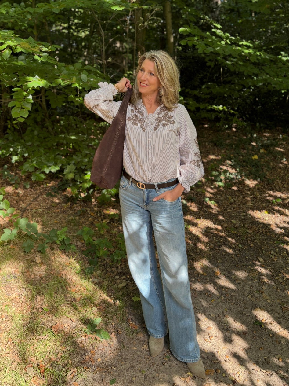 Archie Love blouse streep/bloem borduur taupe/offwhite