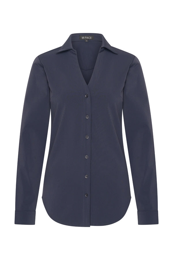 Travelblouse met V-hals en kraag in donkerblauw van Mi Piace