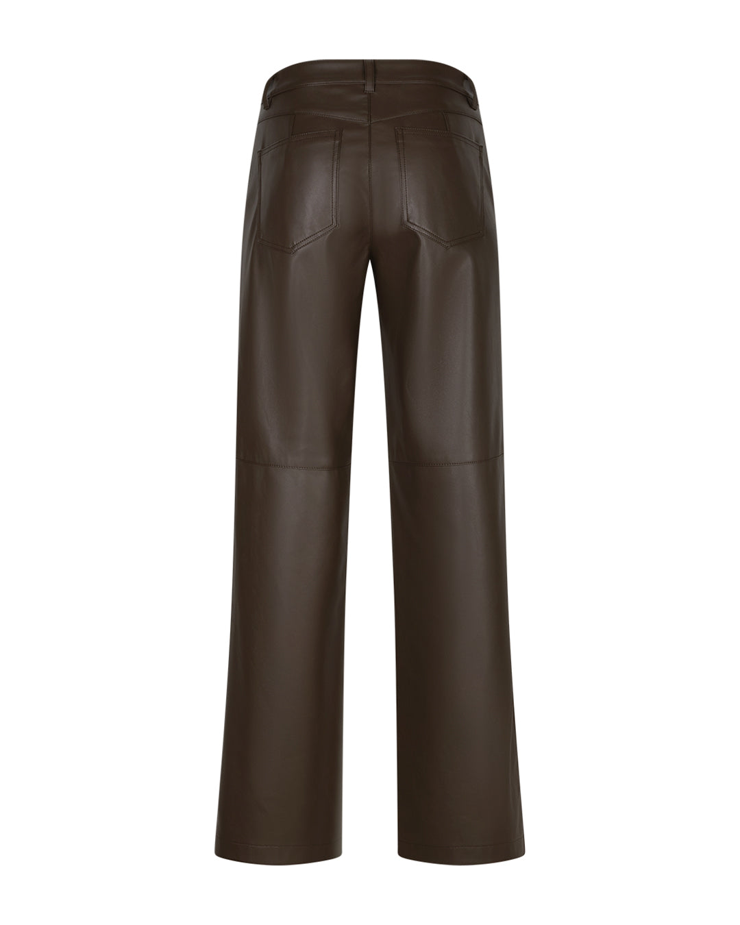 Donkerbruine faux lederen broek, hoge taille, achterzakken en brede pijpen