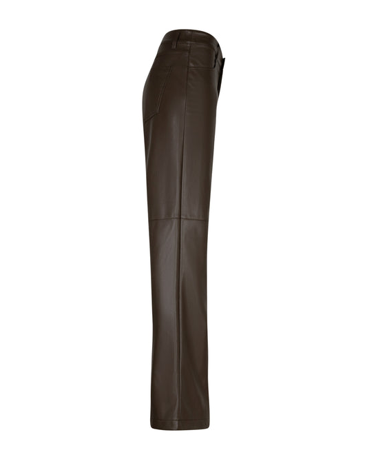 Faux lederen broek met rechte wijde pijpen en hoge taille, donkerbruin, zijaanzicht
