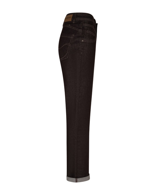 Donkere jeans met rechte pijpen en riemlussen, zijkant met stiksels