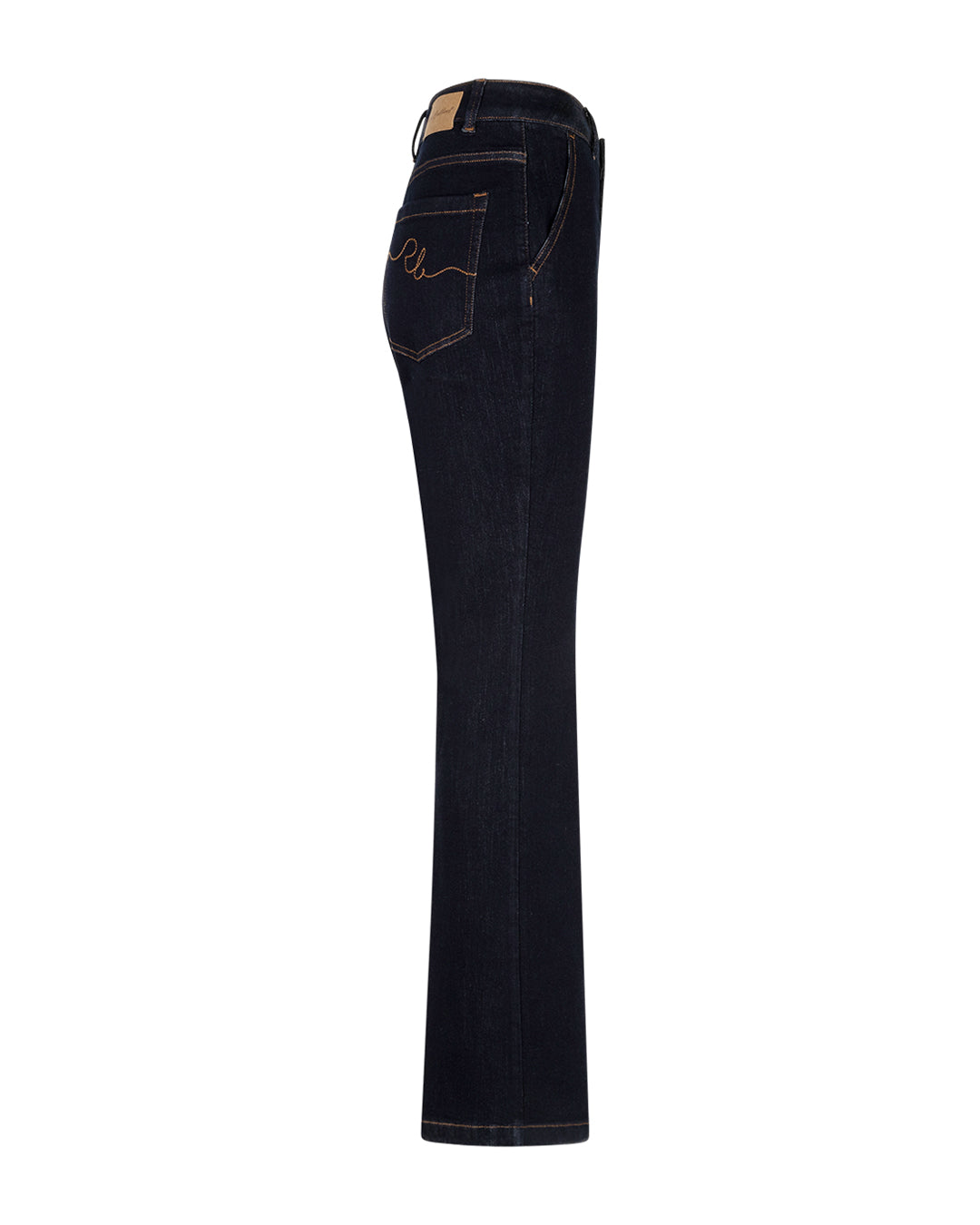 Donkerblauwe bell-bottom jeans zijkant met sierstiksel