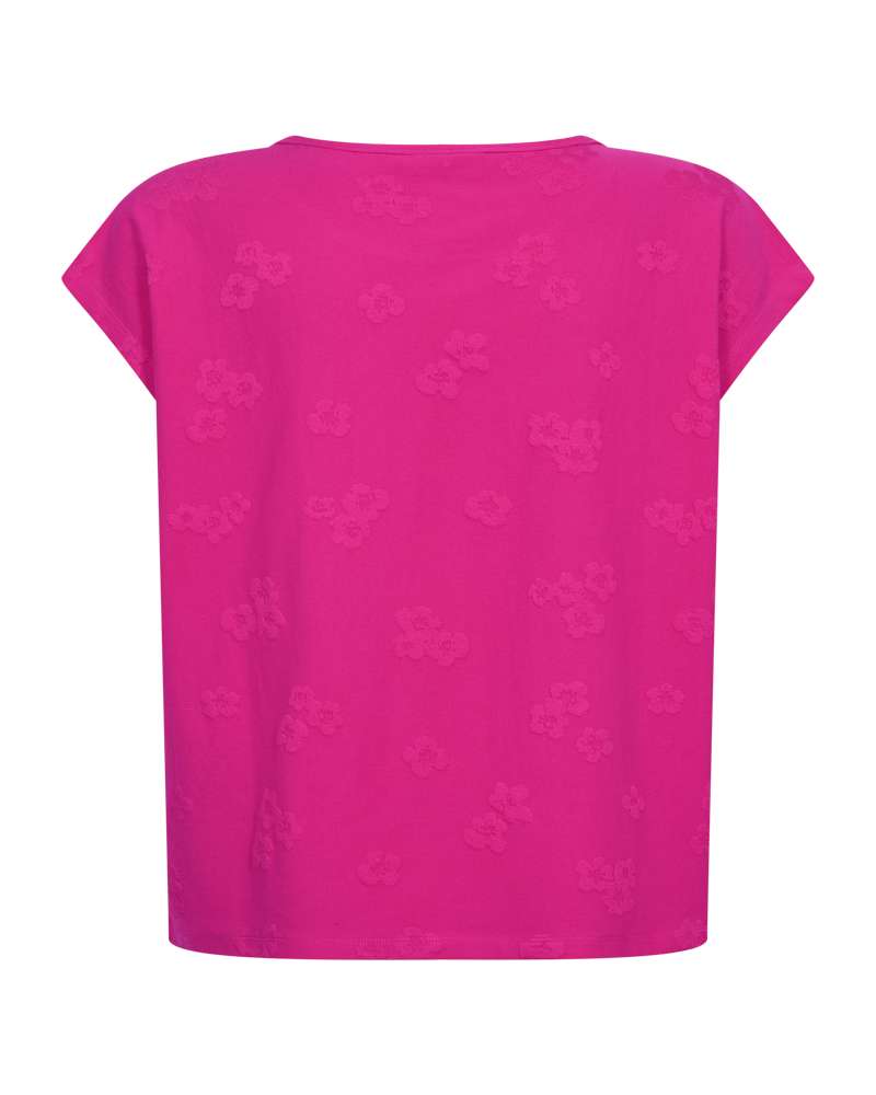 Fuchsia T-shirt met ronde hals en korte mouwen, achterkant met reliëfprint