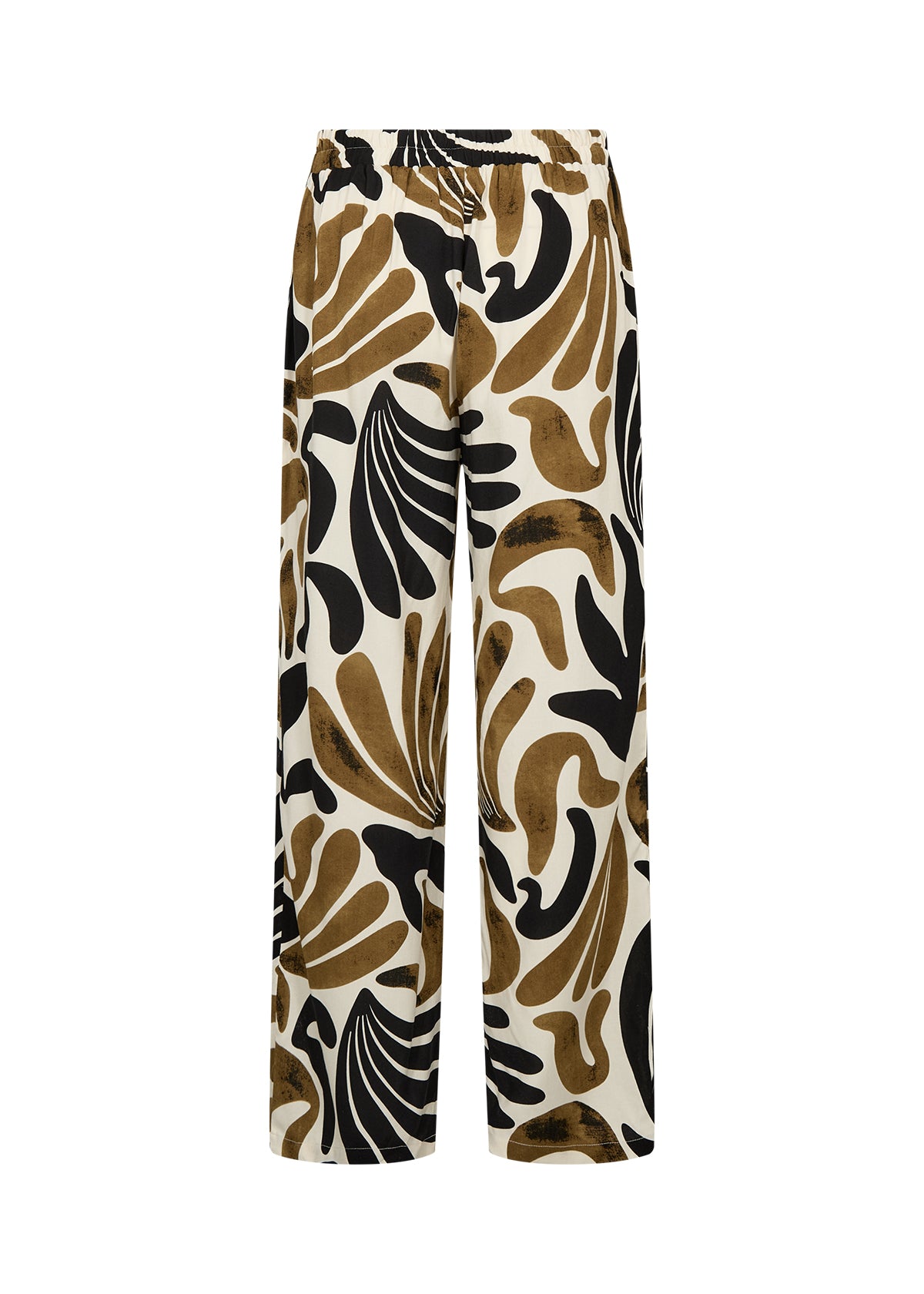 Soyaconcept broek Feldi 3 platte weergave, zwart-mosterd abstracte print, rechte wijde pijpen