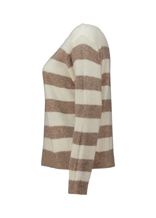 Gestreepte trui in crème met taupe horizontale strepen; lange mouwen en ronde hals