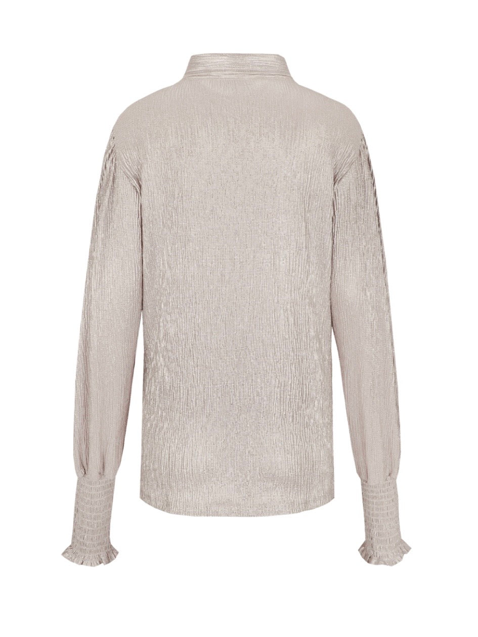 Achterkant blouse met lange mouwen en kraag, zandkleurige getextureerde stof