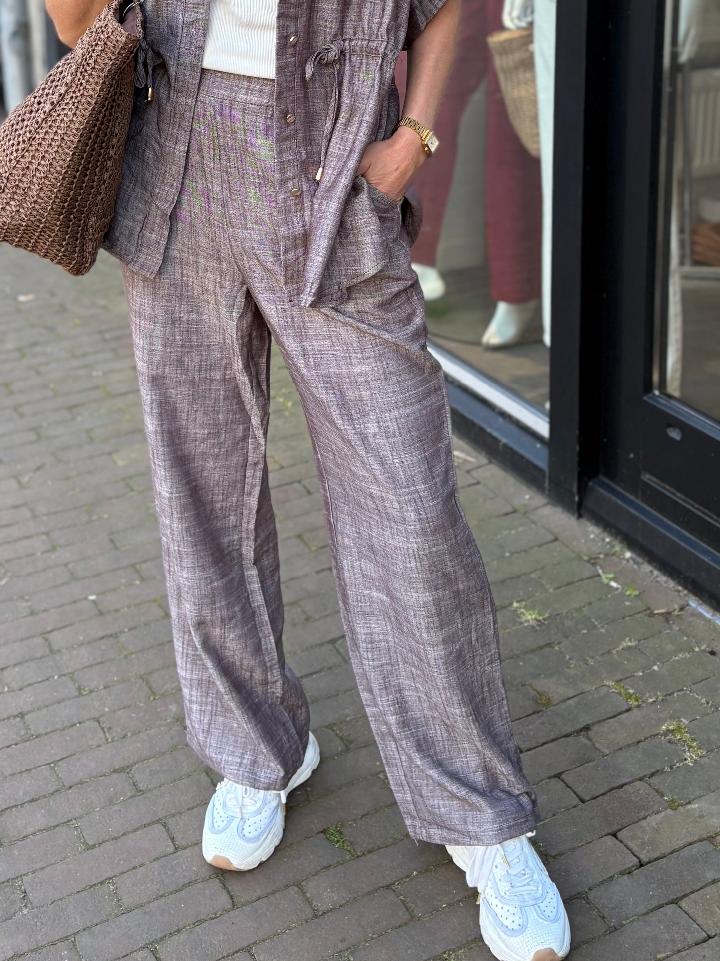 Bisous Project broek linnen/viscose mix bruin/wit melange