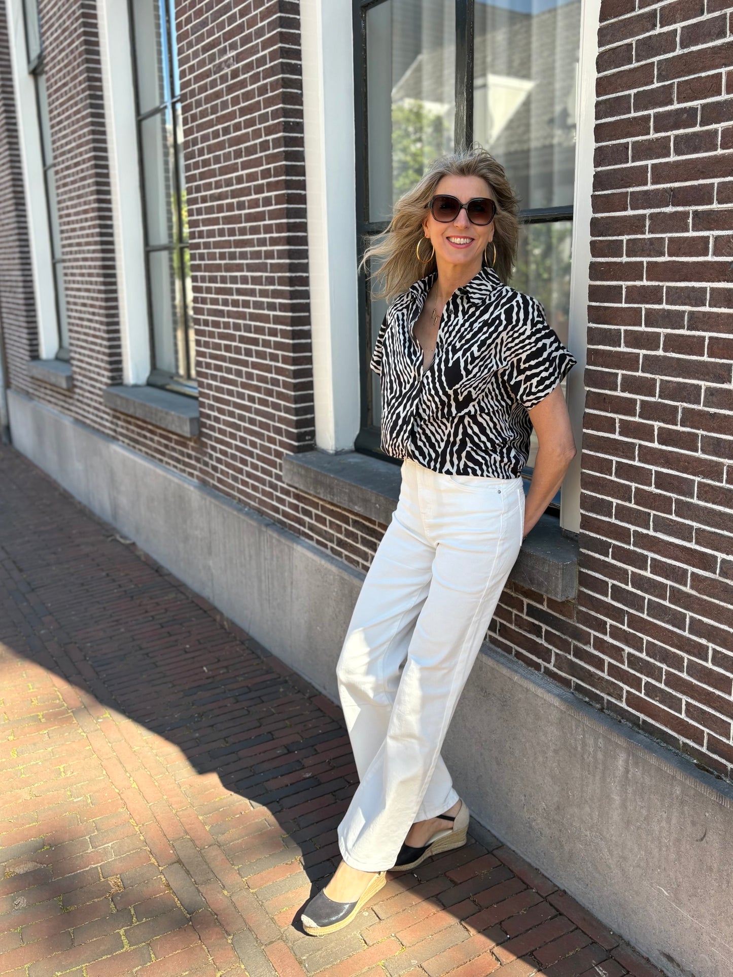 Blouse met zwart-witte zebraprint en V-hals, korte mouwen