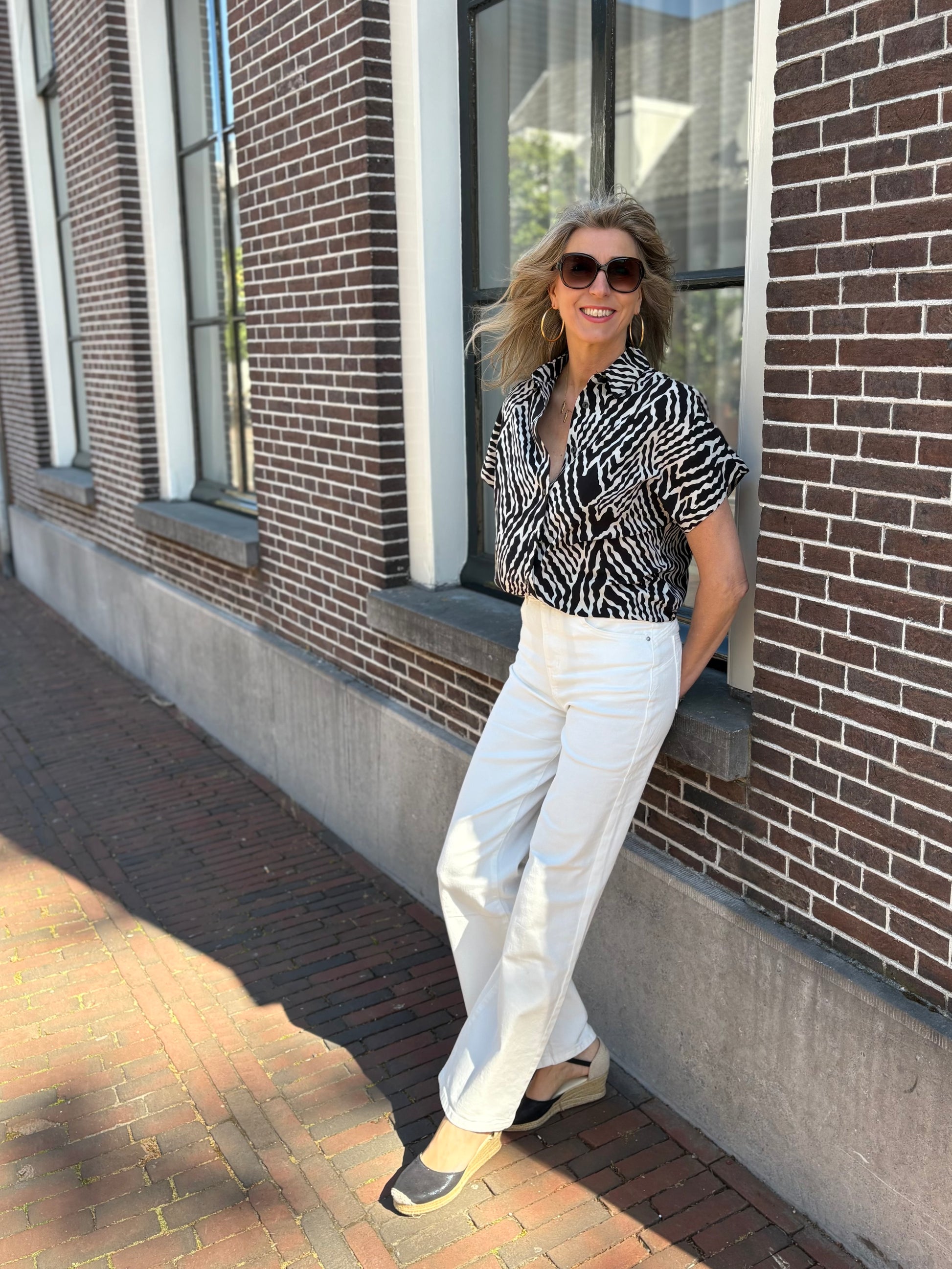 Blouse met zwart-witte zebraprint en V-hals, korte mouwen