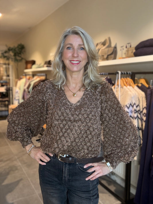 CS The Label Lucy-top met V-hals, wijd uitlopende mouwen, donkerbruin patroon