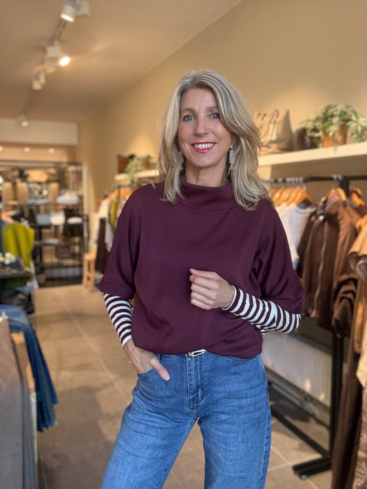 Paars-violette top met hoge hals en gestreepte manchetten, lange mouwen