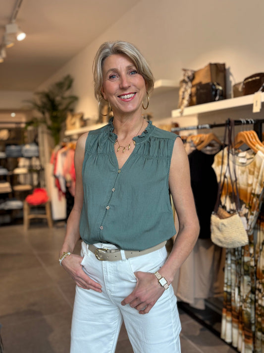 Mouwloze blouse in donkergroen met opstaande hals en knoopsluiting voor