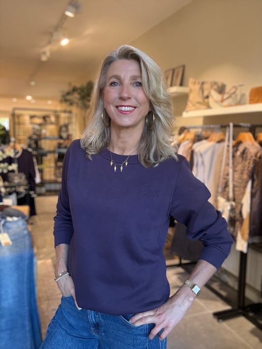 Freequent trui Kamela nightshade met ronde hals en lange mouwen, donkerblauw-paars