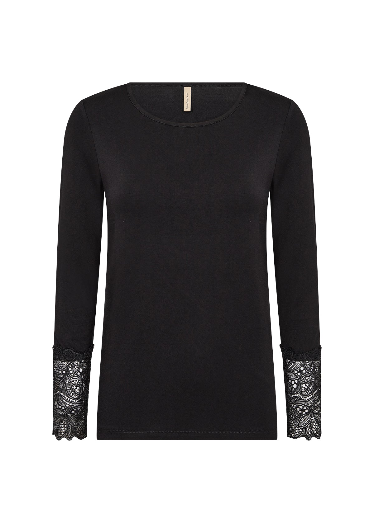 Zwarte long sleeve top met ronde hals en kant aan mouwuiteinden