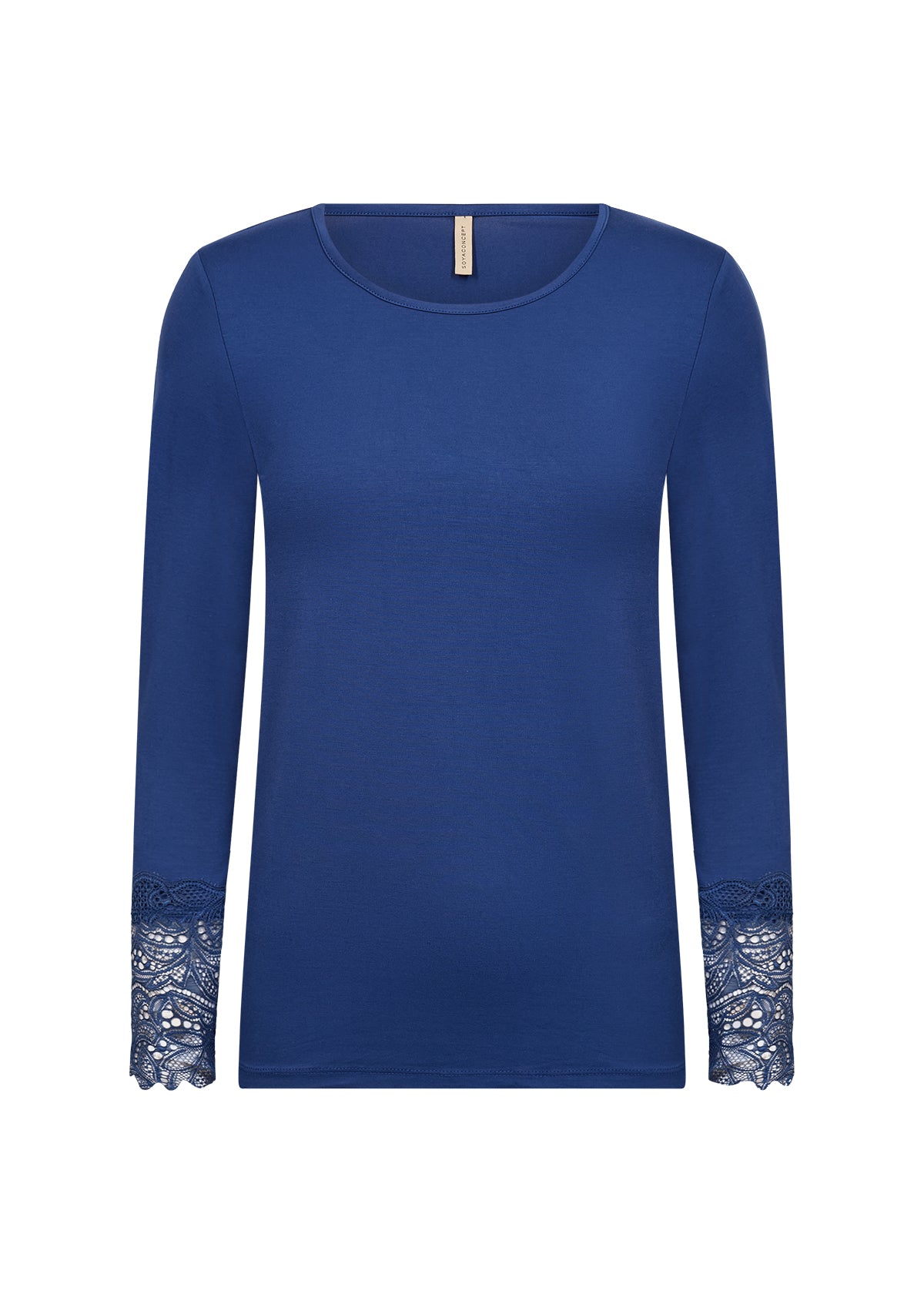 Blauwe Soyaconcept top, ronde hals, lange mouwen met kant aan de manchetten.