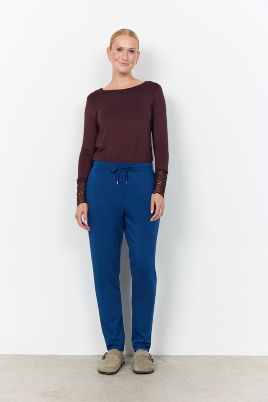 Soyaconcept top met ronde hals en lange mouwen met kant, bruin