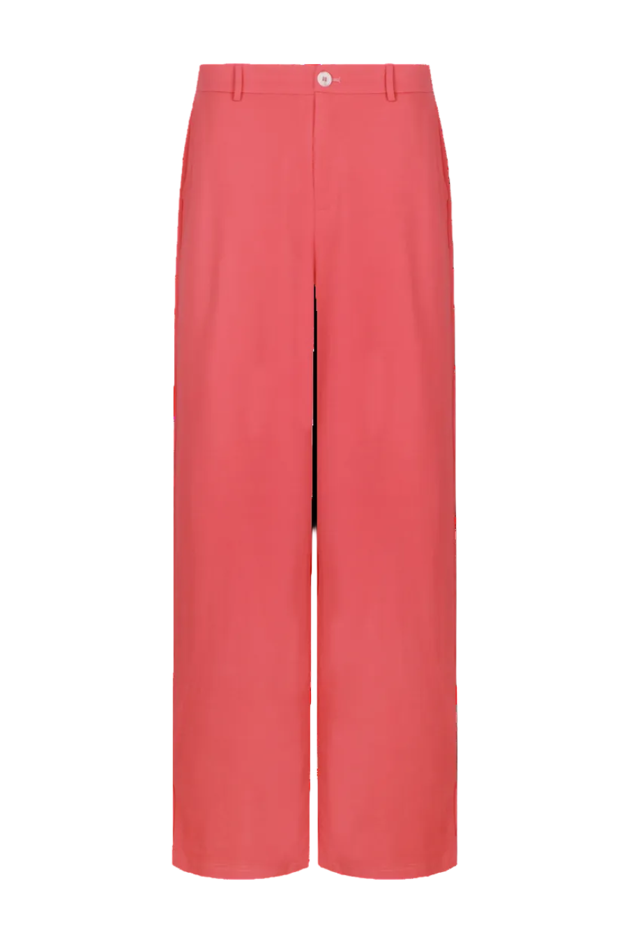 koraalroze broek met hoge taille, knoopsluiting en riemlussen, wijde pijpen