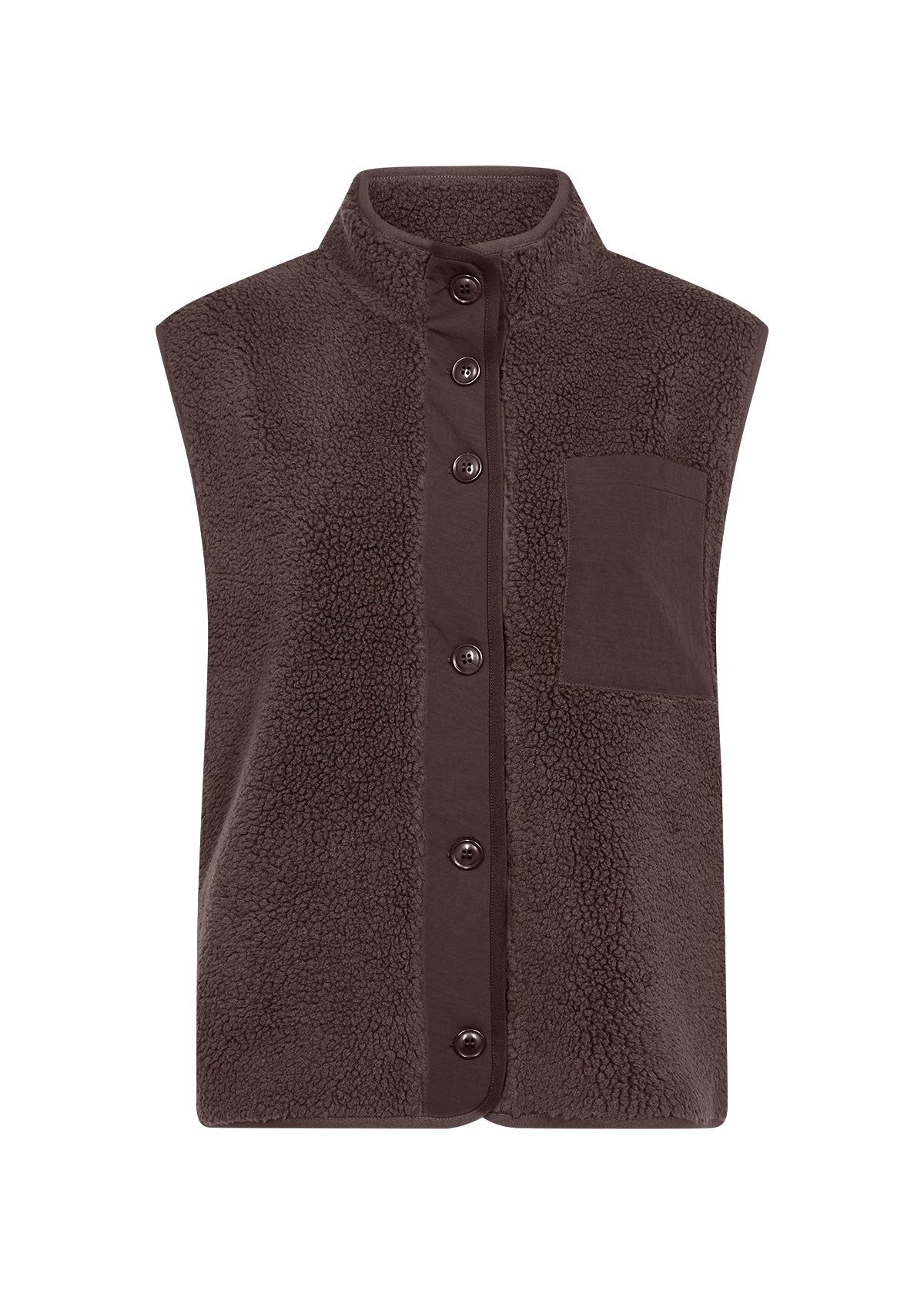 Bruin mouwloos vest van fleece met knoopsluiting en borstzak