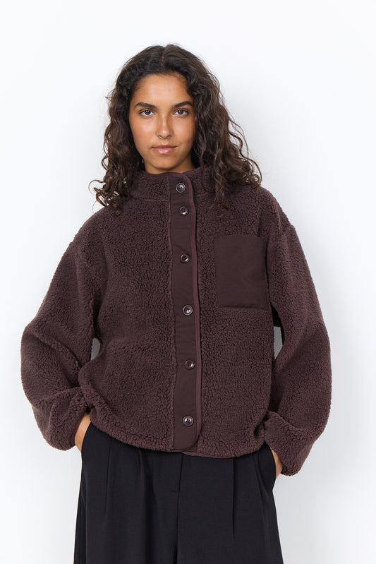 Donkerbruine korte jas met hoge kraag en knoopsluiting, teddy-fleece look