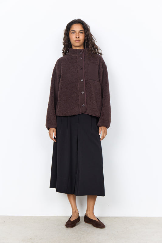 Donkerbruine korte jas met knopen en hoge kraag, teddy-fleece stof