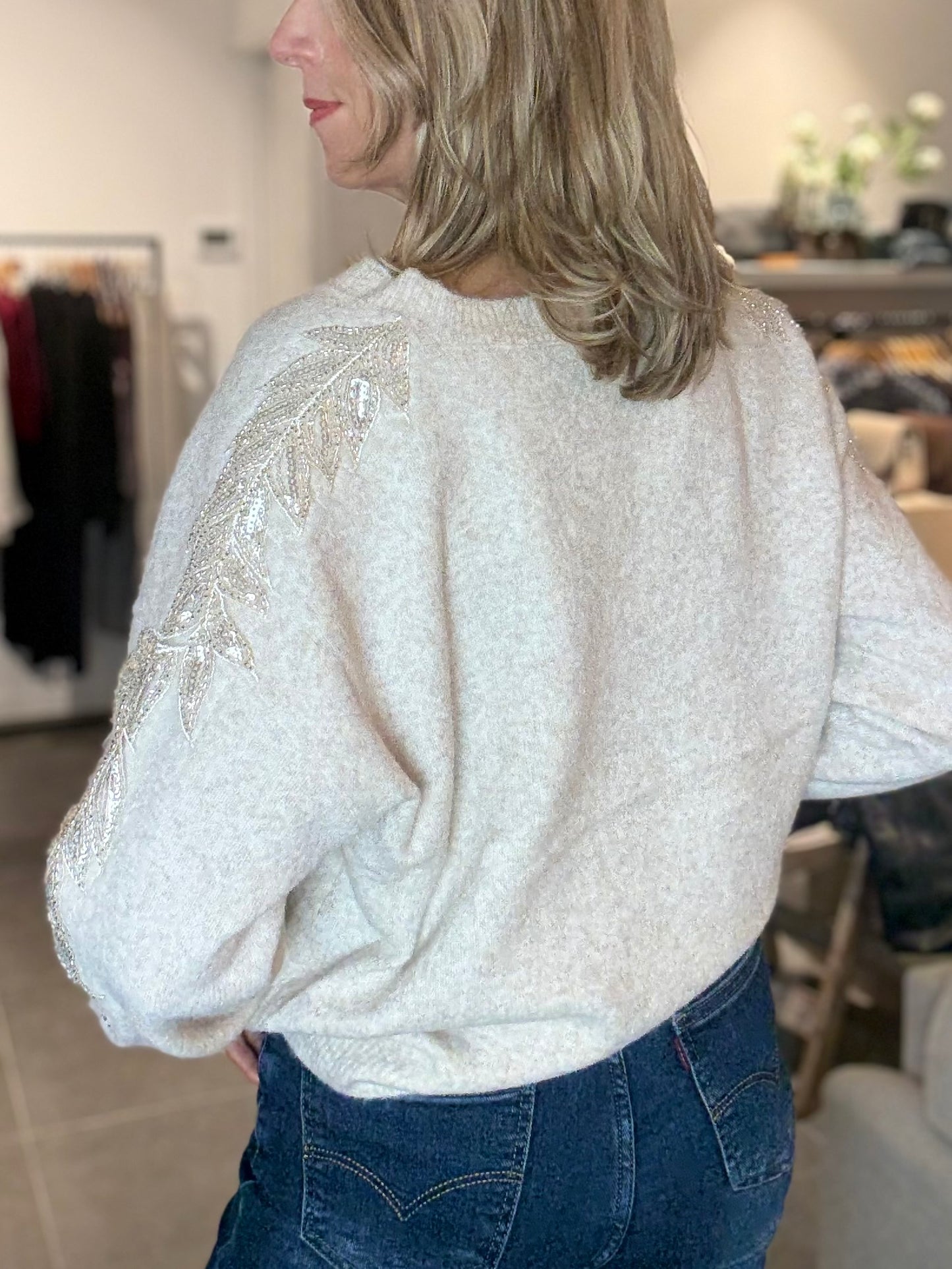 Moëwy trui V-hals glitter/borduur mouwen zand melange