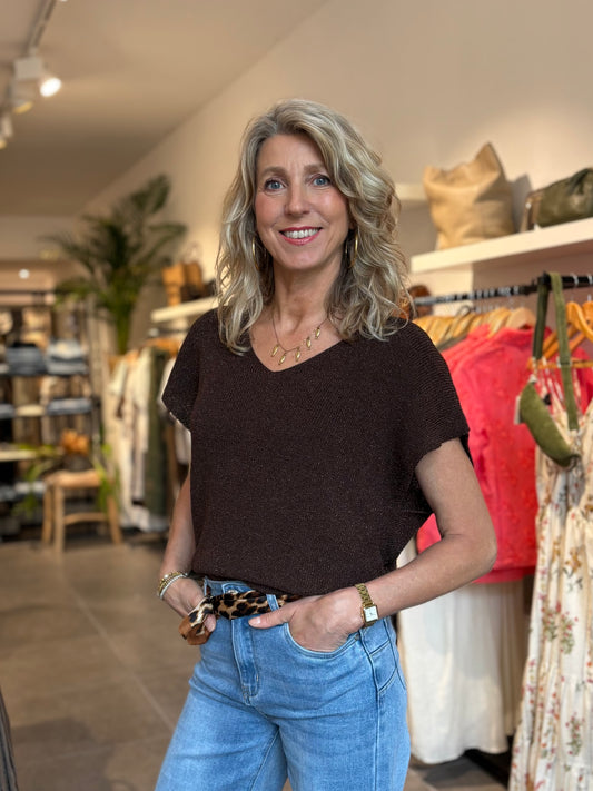EF top V-hals glitter bruin