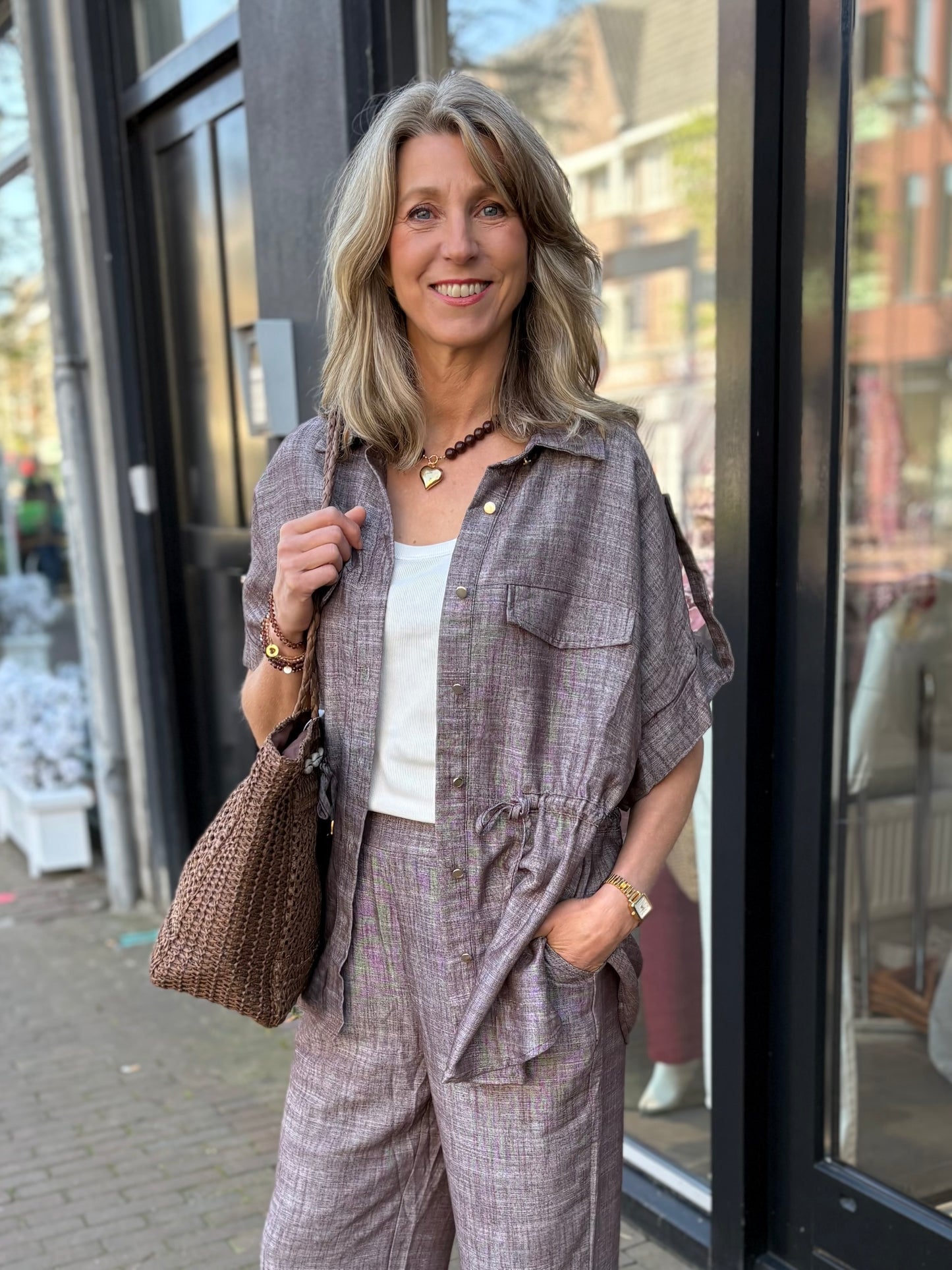 Bisous Project blousejas viscose/linnen mix bruin/wit melange