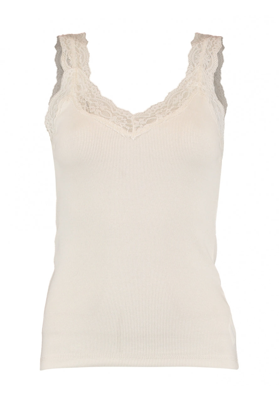 Offwhite singlet top met kanten V-hals en geribde stof, mouwloos