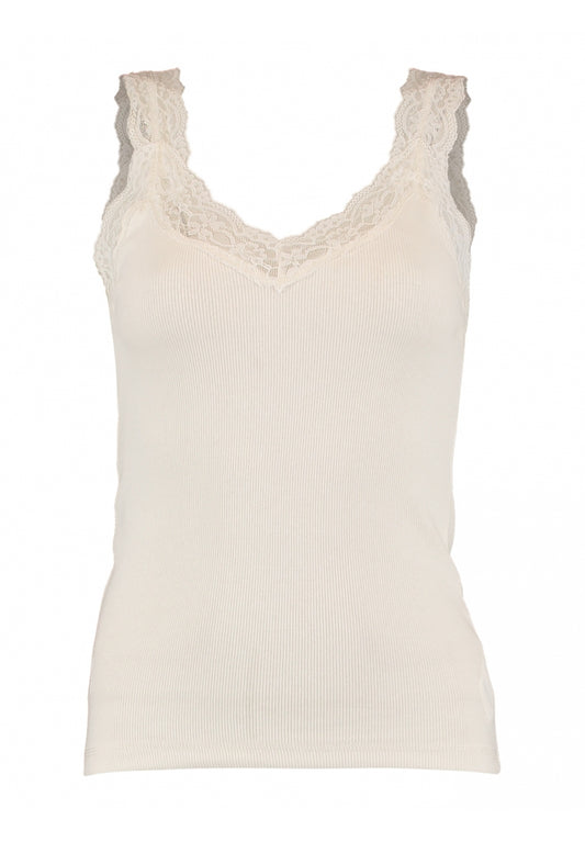 Offwhite singlet top met kanten V-hals en geribde stof, mouwloos
