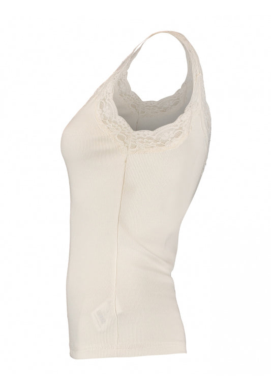 Offwhite top met kanten halsbies en smalle schouderband, mouwloos